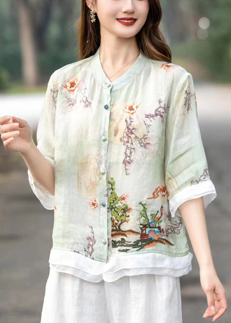 Organic Pink Embroideried Patchwork Print Linen Shirts Half Sleeve