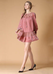 Organic Pink O Neck Patchwork Velour Dress Spring