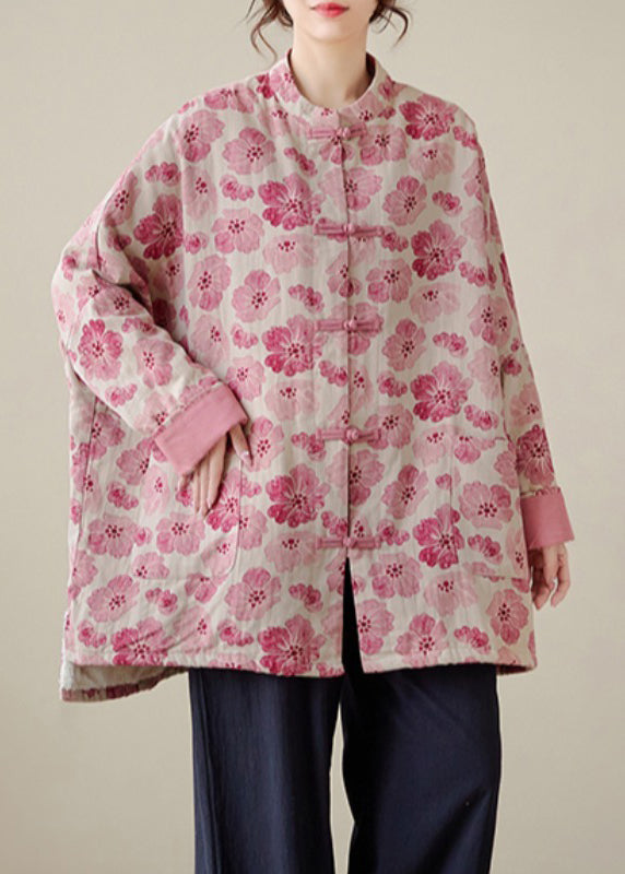 Organic Pink Oversized Print Fine Cotton Filled Coat Outwear Winter