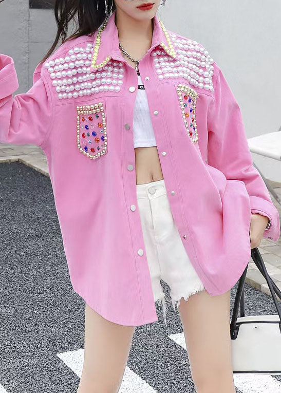 Organic Pink Peter Pan Collar Nail Bead Zircon Patchwork Denim Blouses Long Sleeve