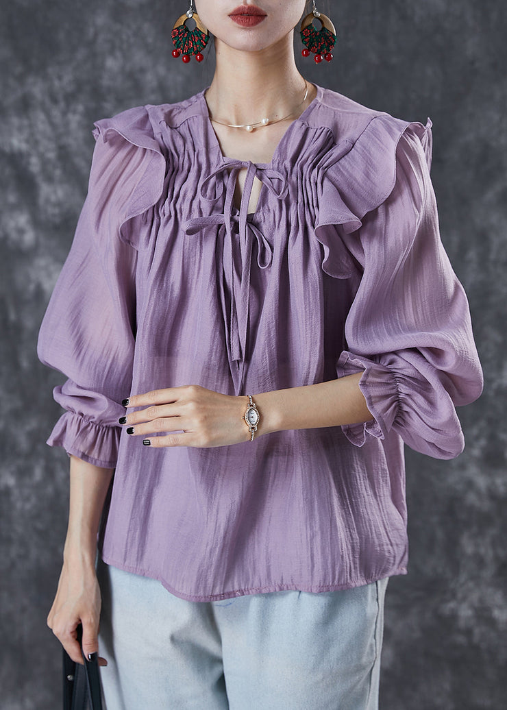 Organic Purple Cinched Ruffled Cotton Top Summer