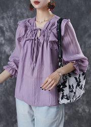 Organic Purple Cinched Ruffled Cotton Top Summer