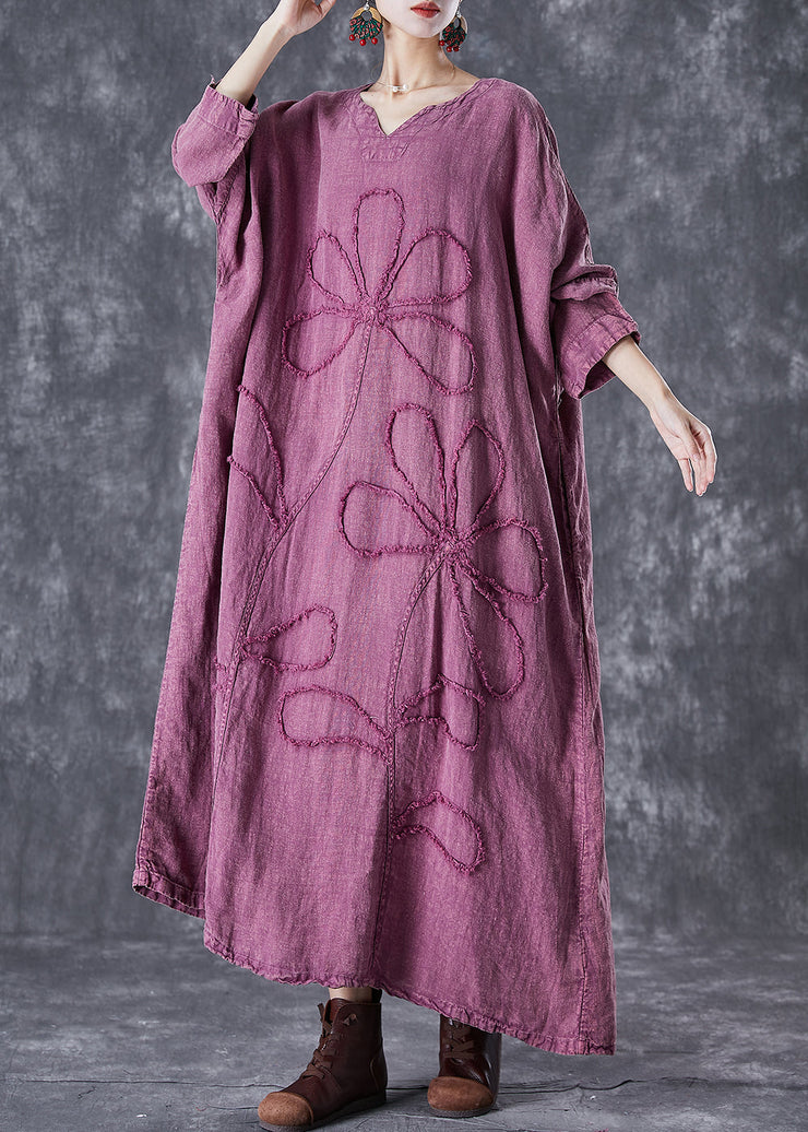 Organic Purple Embroideried Floral Linen Maxi Dresses Fall