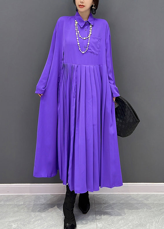 Organic Purple Peter Pan Collar Wrinkled Button Maxi Dress Fall