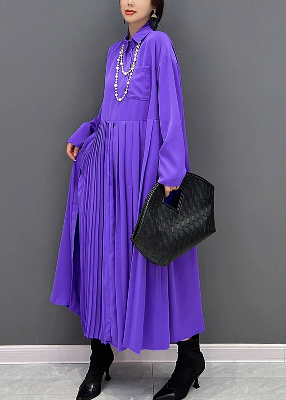 Organic Purple Peter Pan Collar Wrinkled Button Maxi Dress Fall