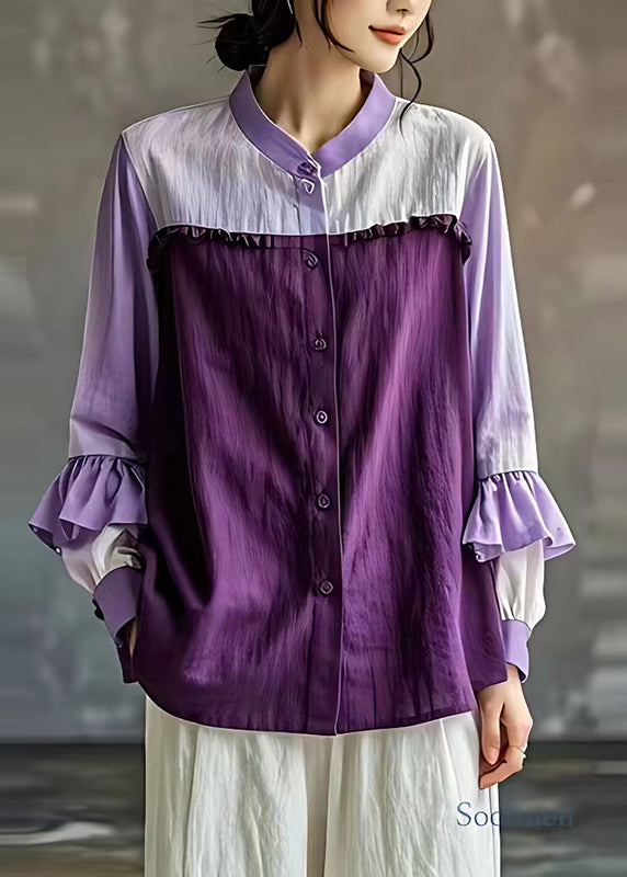 Organic Purple Ruffled Patchwork Linen Shirt Top Flare Sleeve