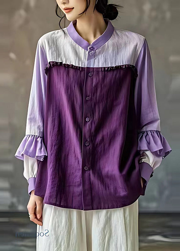 Organic Purple Ruffled Patchwork Linen Shirt Top Flare Sleeve