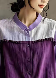 Organic Purple Ruffled Patchwork Linen Shirt Top Flare Sleeve