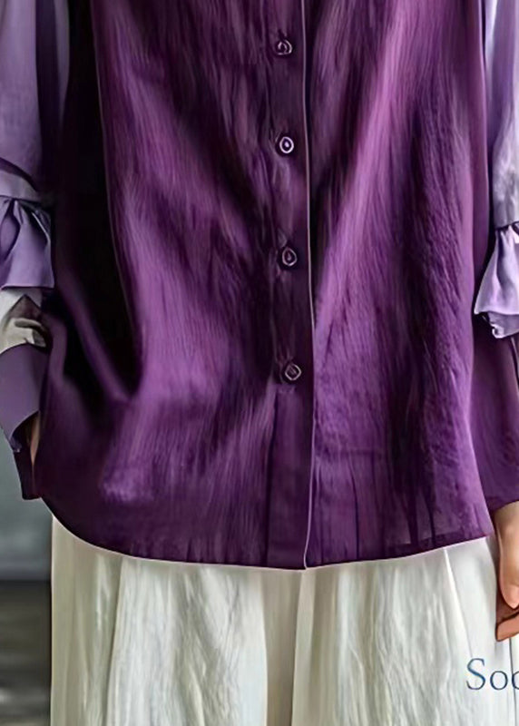 Organic Purple Ruffled Patchwork Linen Shirt Top Flare Sleeve