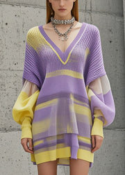 Organic Purple Tie Dye Patchwork Knitwear Dress Lantern Sleeve