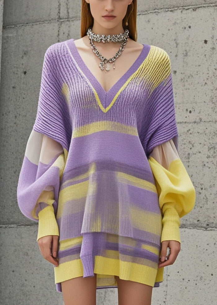 Organic Purple Tie Dye Patchwork Knitwear Dress Lantern Sleeve