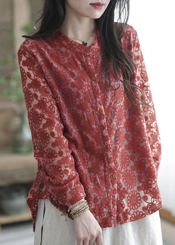 Organic Red O-Neck Embroideried Lace Shirt Tops Spring