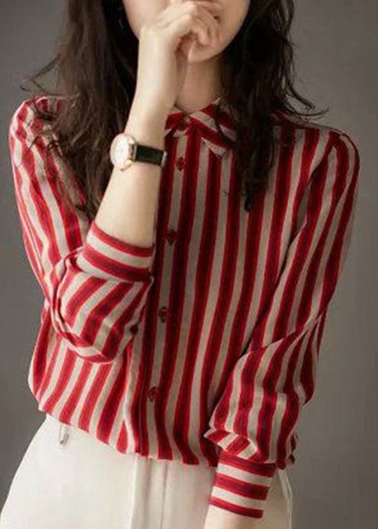 Organic Red Peter Pan Collar Striped Button Low High Design Chiffon Shirts Long Sleeve