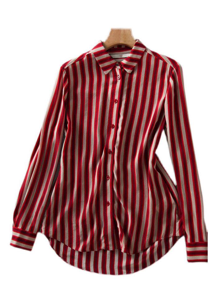 Organic Red Peter Pan Collar Striped Button Low High Design Chiffon Shirts Long Sleeve