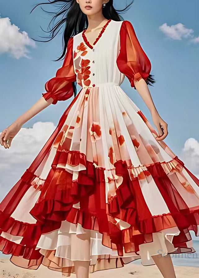 Organic Red Print Patchwork High Waist Chiffon Long Dress Lantern Sleeve