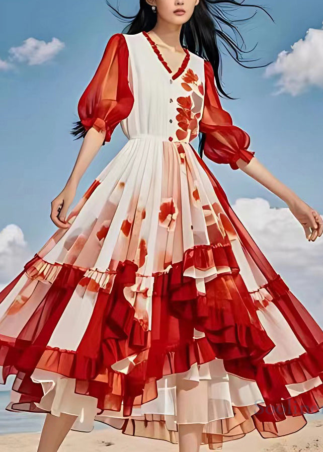 Organic Red Print Patchwork High Waist Chiffon Long Dress Lantern Sleeve