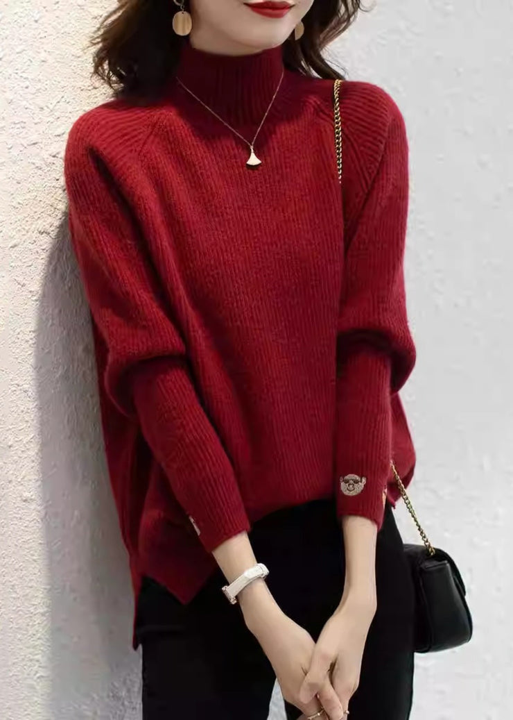 Organic Red Print Turtleneck Cotton Knit Sweaters Fall