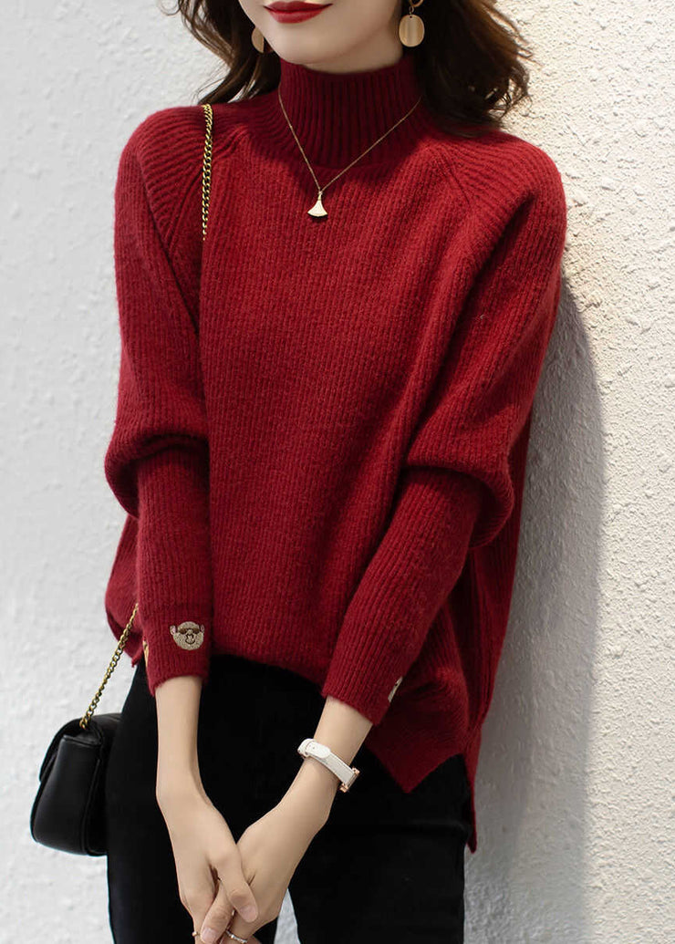 Organic Red Print Turtleneck Cotton Knit Sweaters Fall