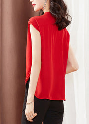 Organic Red V Neck Button Chiffon Shirt Short Sleeve