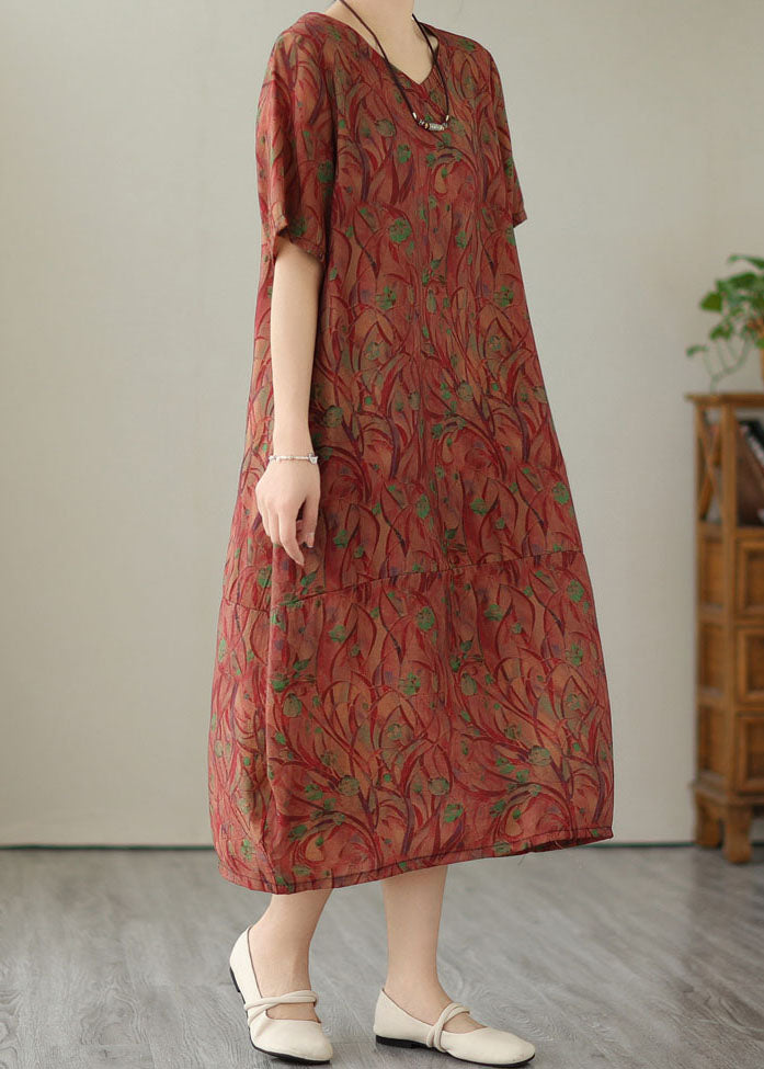 Organic Red V Neck Print Patchwork Cotton Long Dresses Summer