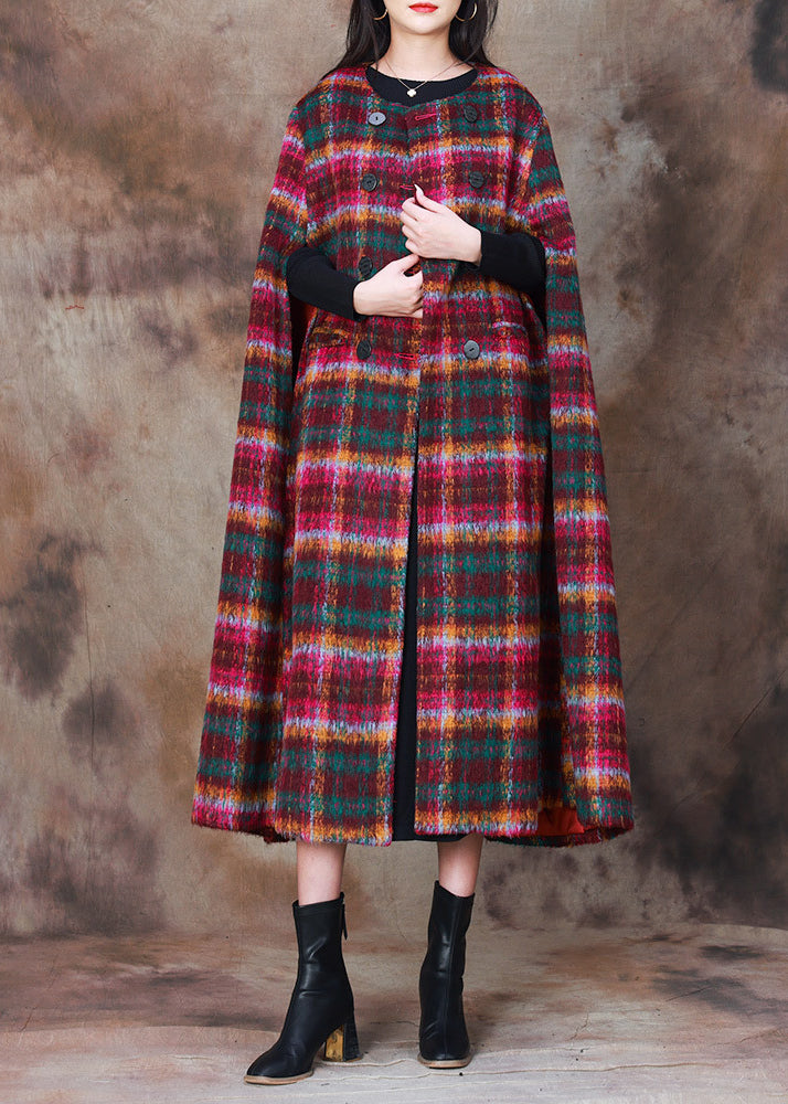 Organic Rose Plaid Double Breast Woolen Coats Cloak Sleeves