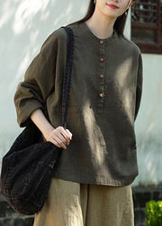 Organic Tea Green Stand Collar Linen Blouse Tops Long Sleeve