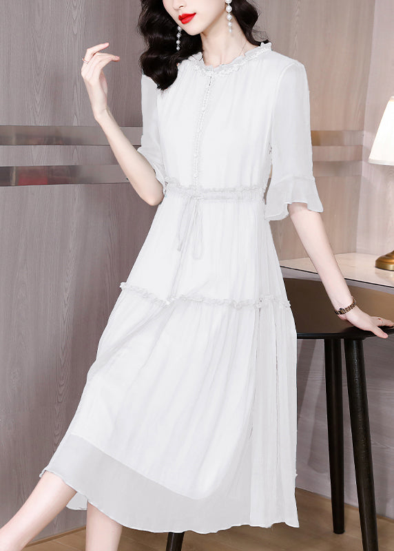 Organic White Ruffled Patchwork Drawstring Silk Dress Summer