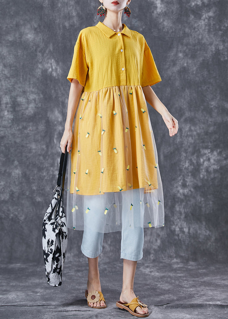 Organic Yellow Embroideried Patchwork Tulle Cotton Dress Summer