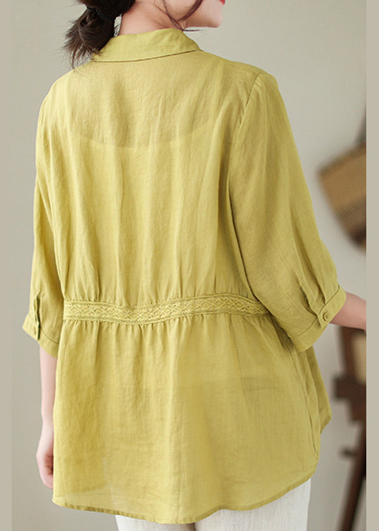 Organic Yellow Green Peter Pan Collar Lace Patchwork Cotton Shirts Half Sleeve