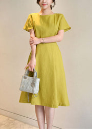 Organic Yellow O Neck Bow Wrinkled Cotton Mid Dress Summer