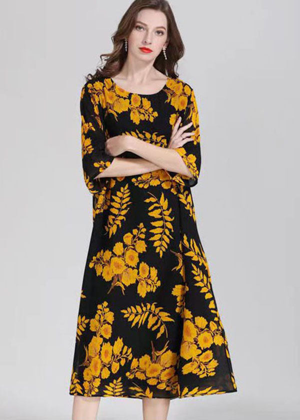 Organic Yellow O Neck Print Patchwork Chiffon Mid Dress Summer