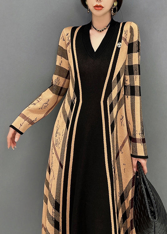 Organic Yellow Patchwork Black V Neck Striped Knit Dresses Fall