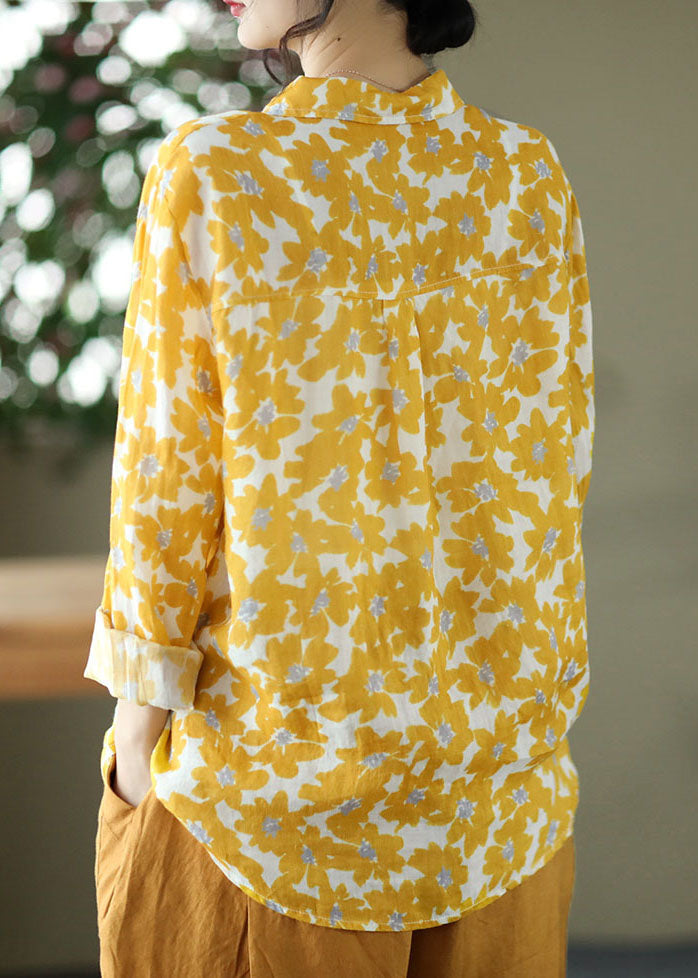 Organic Yellow Peter Pan Collar Print Cotton Shirts Long Sleeve