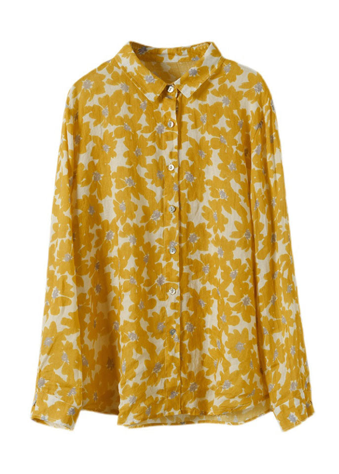 Organic Yellow Peter Pan Collar Print Cotton Shirts Long Sleeve