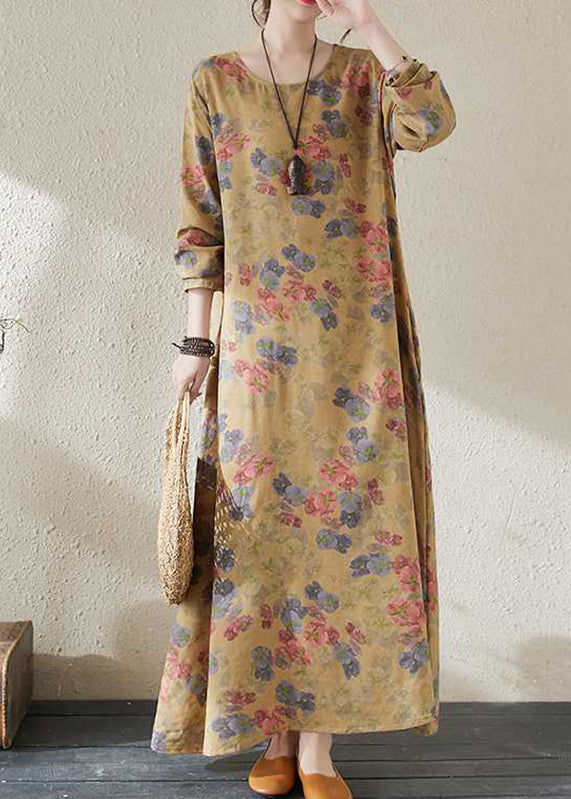 Organic Yellow Print Cozy Long Dresses Spring