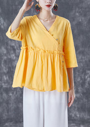 Organic Yellow Ruffled Exra Large Hem Cotton Shirt Top Summer