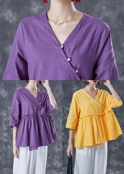 Organic Yellow Ruffled Exra Large Hem Cotton Shirt Top Summer