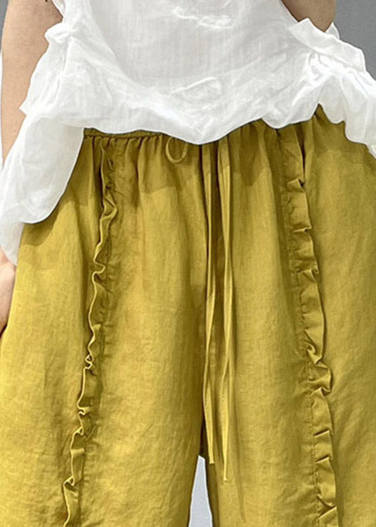 Organic Yellow Ruffled Pockets Linen Crop Pants Summer