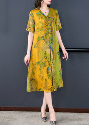 Organic Yellow Tasseled Print Patchwork Silk Dress Summer