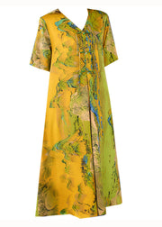 Organic Yellow Tasseled Print Patchwork Silk Dress Summer