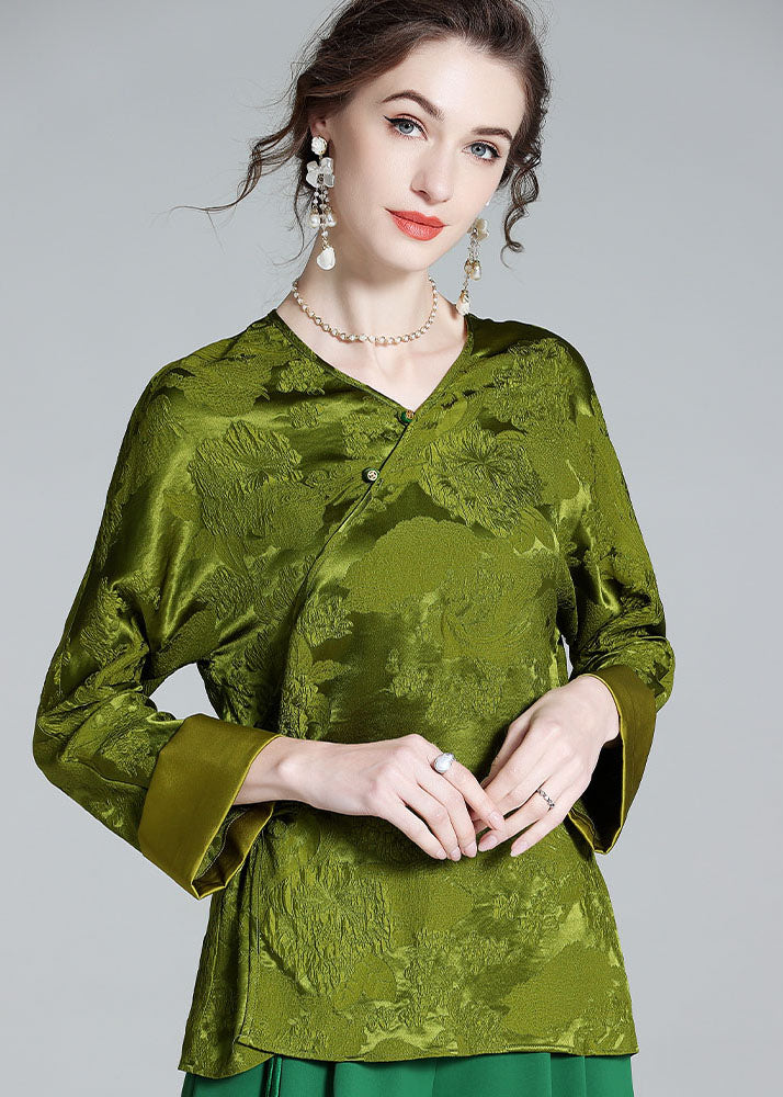 Oriental Green V Neck Jacquard Patchwork Silk Shirt Tops Spring