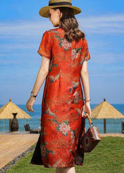 Oriental Orange Stand Collar Tasseled Print Silk Dresses Summer