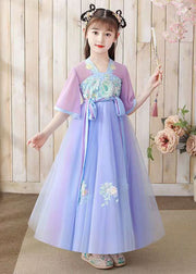 Oriental Purple Embroideried Tie Waist Patchwork Chiffon Kids Girls Dresses Summer