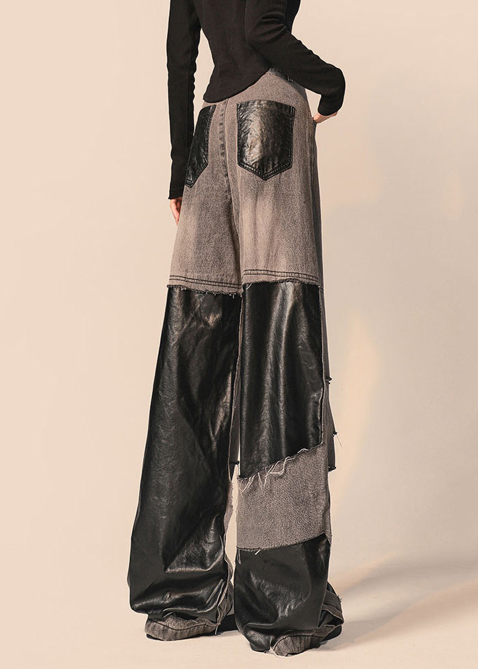 Original Black Gray Distressed Patchwork Denim Straight Pants Autumn