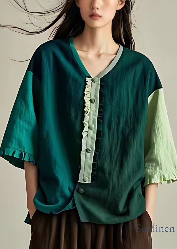 Original Blue Asymmetrical Ruffled Cotton Blouse Half Sleeve