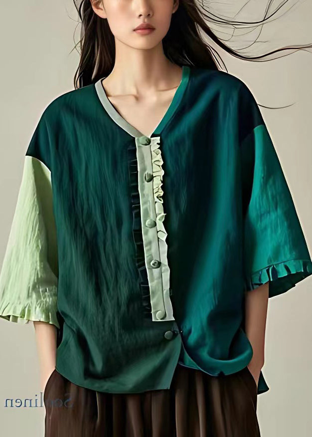 Original Blue Asymmetrical Ruffled Cotton Blouse Half Sleeve