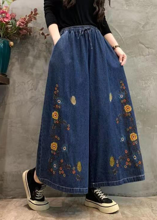 Original Blue Embroidery Patchwork Elastic Waist Denim Wide Leg Pants Autumn