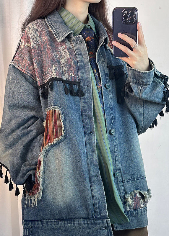 Original Blue Tasseled Pockets Patchwork Denim Jackets Spring