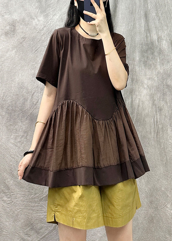 Original Casual Coffee O-Neck Patchwork Cotton T Shirt Summer