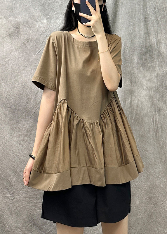 Original Casual Coffee O-Neck Patchwork Cotton T Shirt Summer